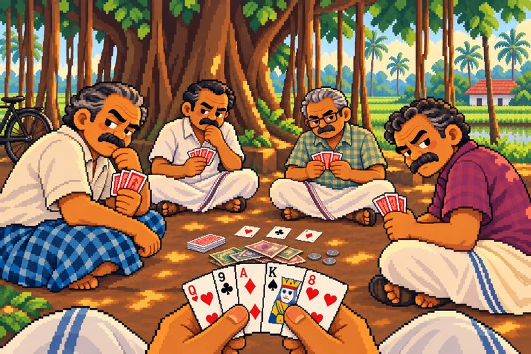 Elders playing cards under a banyan tree