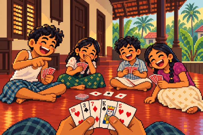 Kids playing cards on a Kerala veranda during summer holidays